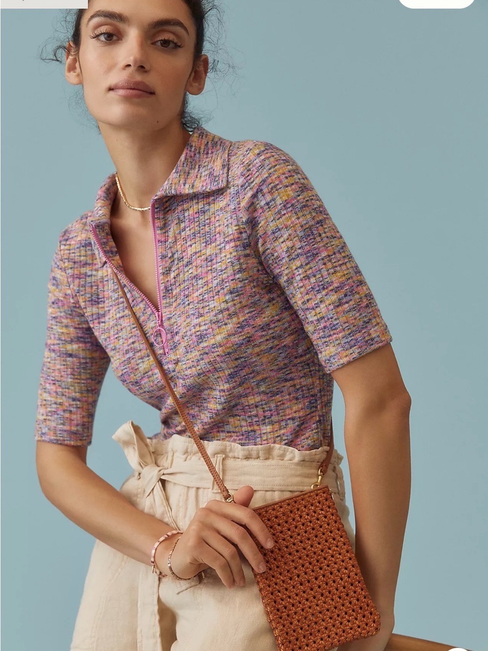 Anthropologie Space-Dyed Three Quarter Knit Zip Polo Top in Pink Blend